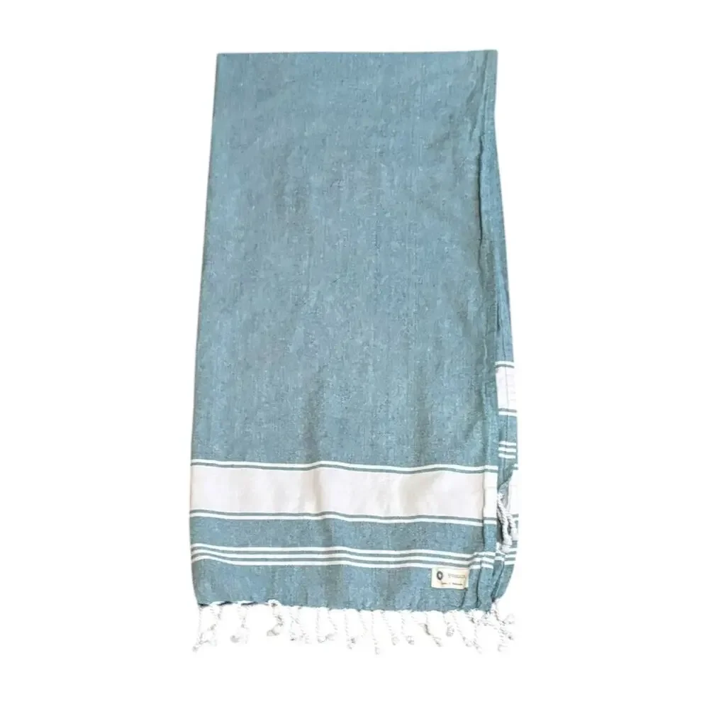 9 Threads‎ Turkish Cotton Beach Towel Aqua White Tassel Fringe Peshtemal Summer